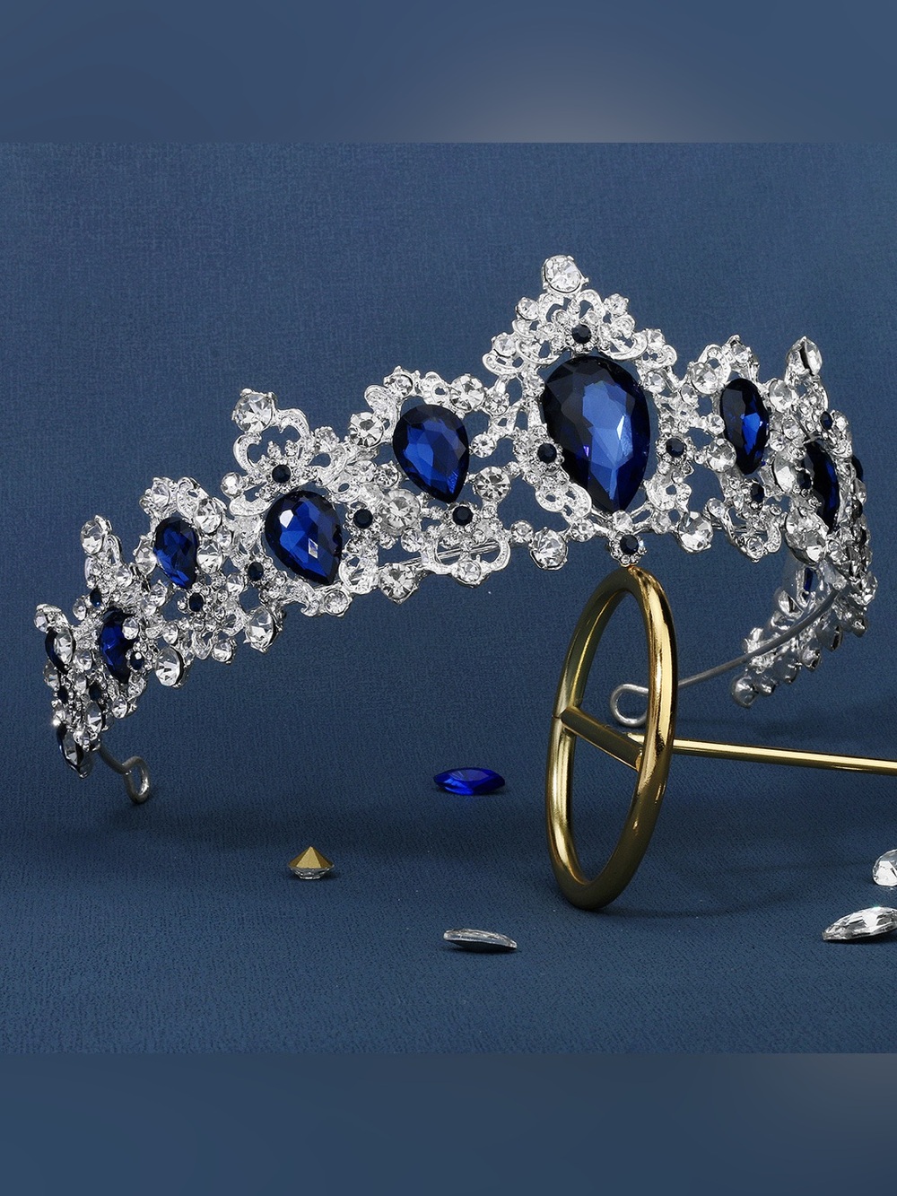 Silver Crystal Tiara with Deep Blue Gem Accents